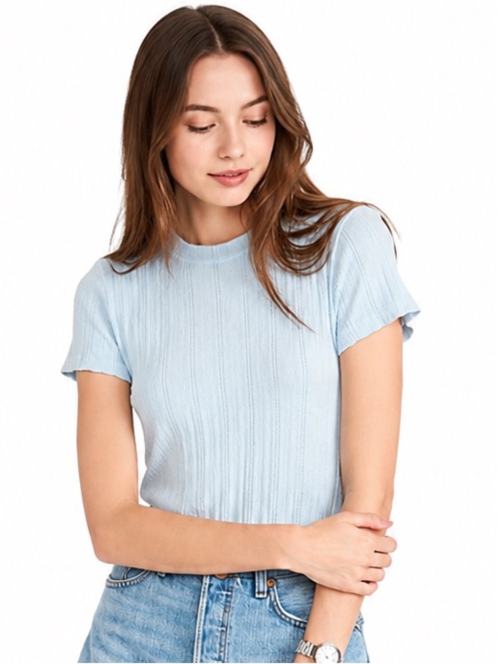 RE/DONE NWT Pointelle Baby Tee in Pale Blue